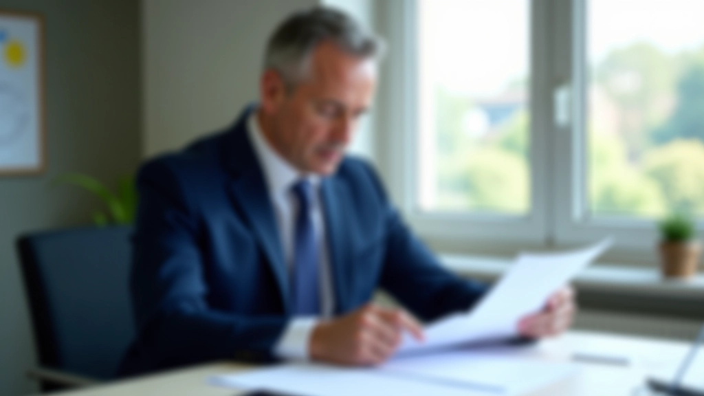 Homme en costume examinant des documents de régimes complémentaires dans un bureau moderne