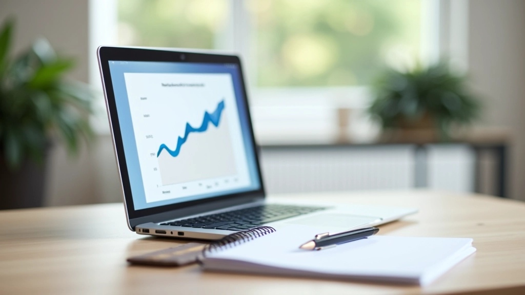 Ordinateur portable sur un bureau avec carnet et stylo, affichant des graphiques financiers en ligne