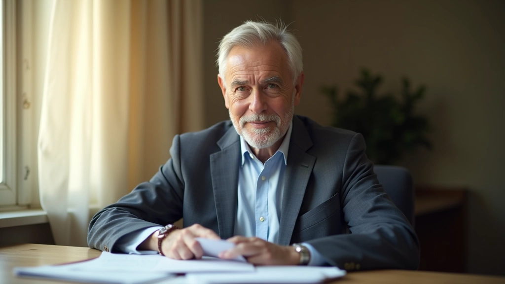 Homme senior consultant des documents de retraite à son domicile avec soleil