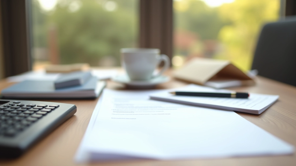 Bureau moderne avec documents de retraite et calculatrices, lumière naturelle, environnement professionnel