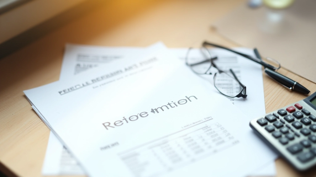 Documents de retraite et calculatrice sur un bureau en bois avec stylo