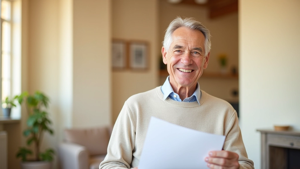 Homme senior tenant des relevés de compte retraite, souriant dans un salon lumineux