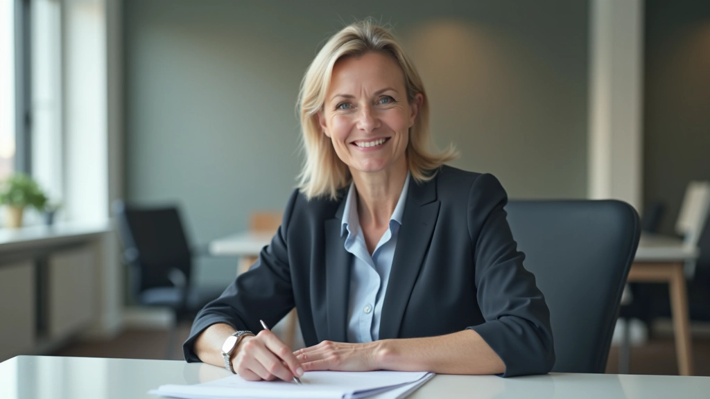 Femme d'âge moyen travaillant à son bureau, examinant des documents financiers avec concentration