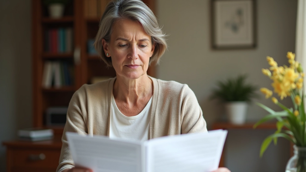 Femme senior lisant des documents de retraite à la maison, expression concentrée